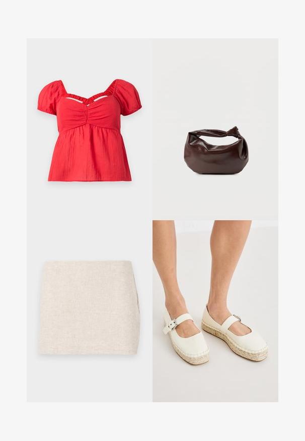 Blouse rouge à manches courtes avec des manches bouffantes, buste froncé, taille empire froncée et un détail en découpe en V sous le col.; Jupe en lin beige au design minimaliste, présentant une texture lisse et un tissage subtil. Elle a une coupe droite et simple, sans fermetures visibles.; Chaussures style espadrille en cuir blanc avec un bout carré, bride réglable à boucle et semelle en jute tressé. Texture lisse et lignes épurées.; Sac bandoulière en cuir marron foncé avec une forme souple et décontractée et une anse nouée torsadée sur un fond blanc uni.