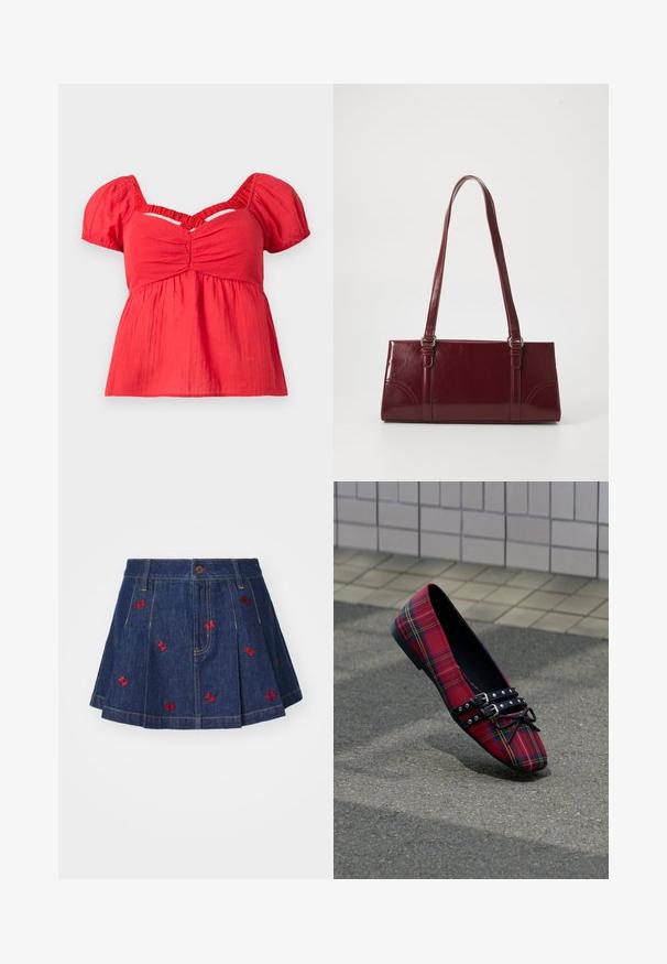 Blouse rouge à manches courtes avec des manches bouffantes, buste froncé, taille empire froncée et un détail en découpe en V sous le col.; Jupe en denim avec plis et teinture foncée, ornée de détails de papillons rouges brodés et d'un design classique à cinq poches avec une fermeture par bouton à l'avant.; Chaussure plate rouge tartan à bout pointu, double bride noire cloutée et nœud, posée sur l'asphalte près d'un mur carrelé.; Sac à main bordeaux en matériau brillant, de forme rectangulaire, avec deux anses et des accents légèrement courbés à l'avant.