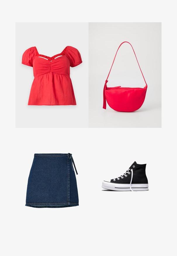 Rød kortærmet bluse med puffærmer, rynket bust, samlet empire talje og en V-formet udskæring nedenfor kraven.; Denim nederdel med wrap-design, mørkeblå farve og en knyttet talje. Har syning detaljer langs kanten og sidesømmen.; Sort high-top canvas sneaker med hvid gummisål og hvide snørebånd, vist fra siden mod en hvid baggrund.; Rød læder skuldertaske med en buet form, en lynlåslukning og en tynd justerbar rem. Glat tekstur med syningsdetaljer.