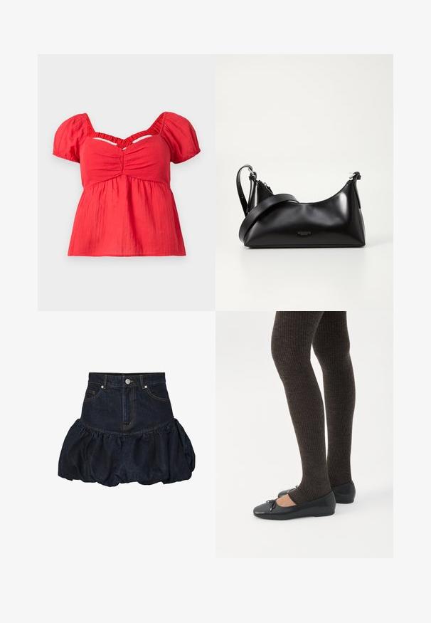 Rote Bluse mit kurzen Puffärmeln, gerafftem Dekolleté, gerafftem Empire-Taille und einem V-förmigen Ausschnitt unterhalb des Halsauschnitts.; Dunkelblaue Jeansrock mit einer taillierten Taille und einem gerafften, puffigen Rüschensaum. Verfügt über Fronttaschen und einen metallischen Knopfverschluss.; Beine in dunklen, gerippten Leggings kombiniert mit schwarzen Ballerinas mit kleinen Schleifendetails auf weißem Hintergrund.; Schwarze lederne Handtasche mit glatter Textur. Verfügt über einen verstellbaren Riemen und ein elegantes, minimalistisches Design mit einem Reißverschluss.