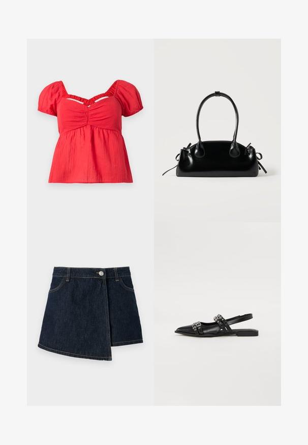 Rode blouse met korte mouwen, pofmouwen, geraffineerde buste, geplooide empire taille en een V-vormige uitsnijding onder de halslijn.; Denimrok met een donkere wassing, A-lijn vorm, sluiting aan de voorkant met knopen en subtiele stikdetails. Heeft een zijwaartse wikkelontwerp.; Even&Odd by Zalando Slingback ballerina´s - black; Kleine zwarte glanzende handtas met twee lange hengsels en zijkant trekkoord details op een effen lichte achtergrond.