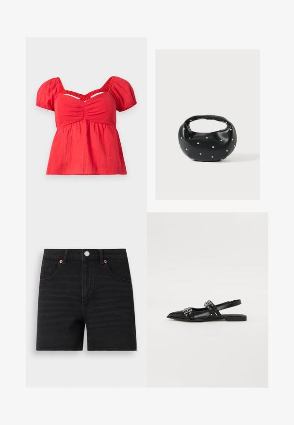 Rote Bluse mit kurzen Puffärmeln, gerafftem Dekolleté, gerafftem Empire-Taille und einem V-förmigen Ausschnitt unterhalb des Halsauschnitts.; Schwarze Denim-Shorts mit vorne liegendem Knopfverschluss, Gürtelschlaufen, zwei vorderen Taschen und einer kleinen Münztasche, flach auf weißem Hintergrund.; Even&Odd by Zalando Sling-Ballerina - black; Schwarze Lederhandtasche mit abgerundeter Form, verziert mit silbernen Nietenakzenten und kurzem Griff. Glatte Struktur und Reißverschlussverschluss.