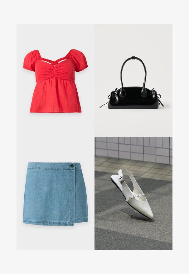 Rode blouse met korte mouwen, pofmouwen, geraffineerde buste, geplooide empire taille en een V-vormige uitsnijding onder de halslijn.; Leren denim rok in lichtblauw, met een wikkelontwerp en een enkele knoopsluiting en gestikte zoom. Glad oppervlak zonder patronen.; Witte puntige slingback platte schoen met twee zilveren gespen, getoond buiten op een getextureerde ondergrond en betegelde muur als achtergrond.; Kleine zwarte glanzende handtas met twee lange hengsels en zijkant trekkoord details op een effen lichte achtergrond.