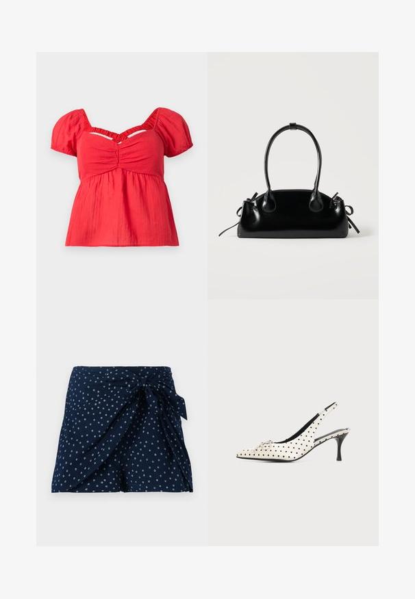 Blusa corta de manga corta roja con mangas abullonadas, busto fruncido, cintura imperio fruncida y detalle de corte en forma de V debajo del escote.; Bermudas azul marino con un diseño envolvente y detalle en la parte delantera con lazo. Presentan un patrón circular blanco disperso. Hechas de una tela ligera.; Zapato de tacón alto slingback de cuero blanco con lunares negros y un pequeño lazo decorativo en la punta puntiaguda sobre un fondo liso.; Pequeño bolso negro brillante con dos asas largas y detalles de cordón lateral sobre un fondo claro liso.