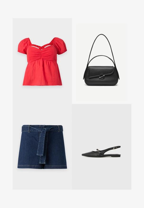 Rote Bluse mit kurzen Puffärmeln, gerafftem Dekolleté, gerafftem Empire-Taille und einem V-förmigen Ausschnitt unterhalb des Halsauschnitts.; Dunkelblaue Jeans-Shorts mit einem breiten Bund und einem Stoffgürtel. Glatte Textur mit sichtbaren Nähten am Saum.; Schwarze Slingback-Schuhe aus Leder mit spitzer Zehenpartie, schmalem Riemen und silberner Schnallenverzierung an der Seite. Flache Sohle.; Schwarze Lederhandtasche mit abgerundeten Kanten, asymmetrischem Überschlag, metallfarbenem runden Verschluss und kurzen sowie langen Schulterriemen.