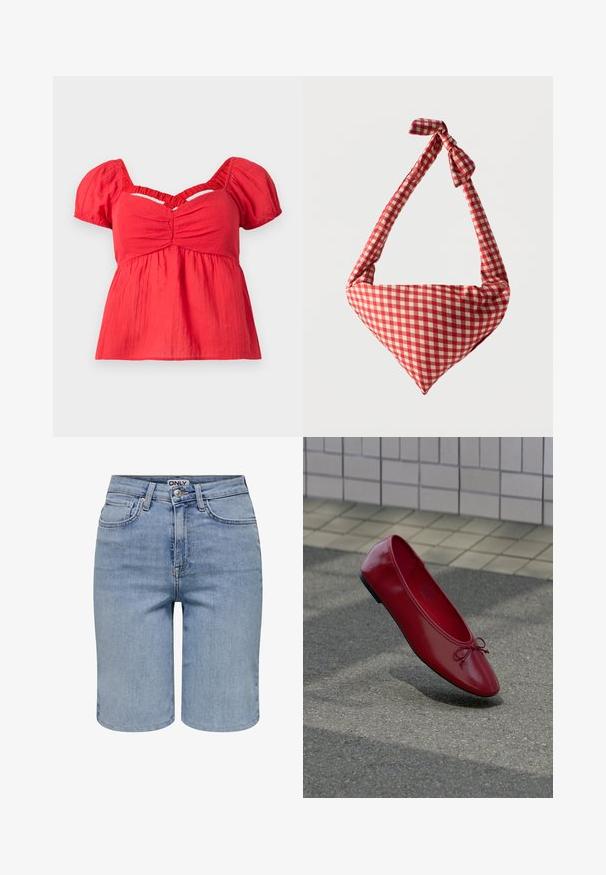 Rode blouse met korte mouwen, pofmouwen, geraffineerde buste, geplooide empire taille en een V-vormige uitsnijding onder de halslijn.; Lichtblauwe denim shorts met voorzakken, riemlussen, een metalen knoop en een ritssluiting.; Rode leren balletschoen met een klein strikje op een gestructureerd trottoir vlakbij een betegelde muur, met een schaduw eronder.; Zachte stoffen schoudertas met rood-wit geruit patroon, geknoopte handgreep en driehoekige vorm tegen een effen achtergrond.