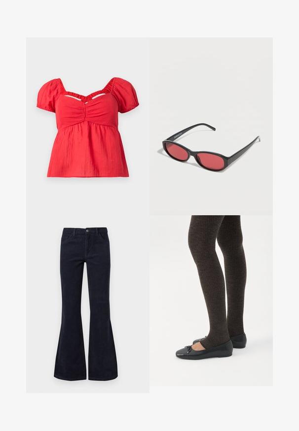 Blouse rouge à manches courtes avec des manches bouffantes, buste froncé, taille empire froncée et un détail en découpe en V sous le col.; Un pantalon en velours côtelé bleu foncé évasé qui présente une taille haute, cinq poches et un système de fermeture à boutons, avec une texture douce et un motif en relief.; Jambes portant des leggings côtelés foncés associés à des ballerines noires avec de petits détails en nœud sur fond blanc.; Lunettes de soleil ovales noires avec des branches fines et des verres teintés rouges posées sur une surface blanche.