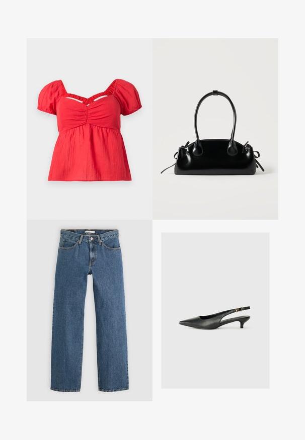 Rød kortærmet bluse med puffærmer, rynket bust, samlet empire talje og en V-formet udskæring nedenfor kraven.; Blå denim jeans med lige pasform, der har fem lommer, knaplukning og kontrastsyninger langs sømmene.; Sorte spidse slingback-sko lavet af glat læder. Har en tynd hæl og en spænde detalje på den justerbare rem.; Lille sort blank håndtaske med to lange håndtag og snøre-detaljer i siden på en ensfarvet lys baggrund.