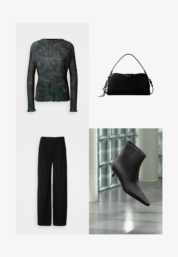 Marc Cain T-shirt à manches longues - dark jade green; Pantalons large en noir avec un tissu tissé lisse ; dotés d'une fermeture à bouton et d'un design plissé pour une silhouette structurée.; Bottine en cuir noir avec bout pointu et petit talon, présentée devant un mur en blocs de verre et un sol poli.; Sac à main rectangulaire noir Calvin Klein avec une seule sangle supérieure, un charm logo argenté et une petite fermeture à rabat sur le devant.