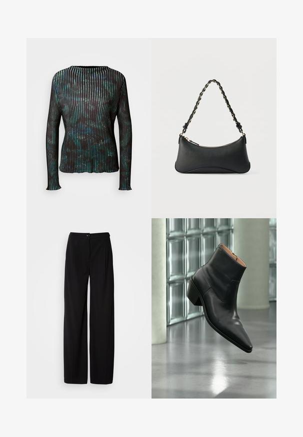 Marc Cain T-shirt à manches longues - dark jade green; Pantalons large en noir avec un tissu tissé lisse ; dotés d'une fermeture à bouton et d'un design plissé pour une silhouette structurée.; Bottine en cuir noir avec un bout pointu et un talon carré lévitant au-dessus d'un sol gris réfléchissant près d'un mur en blocs de verre.; Sac à bandoulière en cuir noir de forme rectangulaire incurvée, avec une chaîne dorée tissée dans la bandoulière noire tressée et une fermeture éclair sur le dessus.