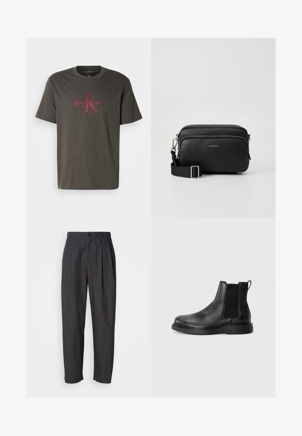 Mørkegrøn t-shirt i bomuld med korte ærmer. Har et stort, afdæmpet rødt Calvin Klein-logo centreret på fronten. Klassisk rund hals-design.; Mørkegrå lige bukser med bæltestropper, frontknaplukning og sidelommer på en lys ensfarvet baggrund.; Sorte læder chelsea støvler med tekstureret finish, elastiske sidepaneler og en robust gummisål. Subtil branding på hælen.; Sort læder crossbody taske med to lynlåslommer, struktureret overflade, justerbar rem og sølvhardware detaljer. Calvin Klein-logoet er vist.