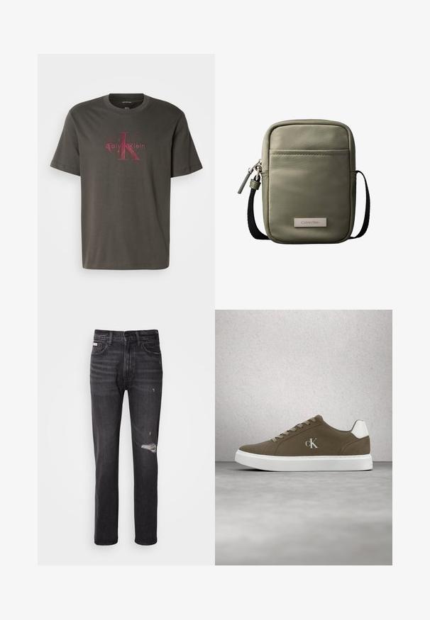 T-shirt en coton vert foncé à manches courtes. Présente un large logo Calvin Klein rouge décoloré, centré sur le devant. Design classique à col rond.; Jean en denim noir avec une coupe droite, des détails déchirés au niveau des genoux, un style à cinq poches et une finition légèrement délavée.; Baskets brunes Calvin Klein avec semelle blanche et lacets blancs, présentées devant un mur en blocs de verre et un sol en béton.; Sac bandoulière compact vert olive avec poche avant, sangle noire réglable, fermeture zippée et plaque logo Calvin Klein.