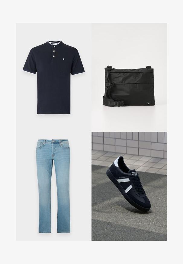 Navyblaues Poloshirt mit Stehkragen, ausgestattet mit drei Knöpfen und weißen Streifenakzenten am Kragen und an den Ärmeln. Aus weichem Baumwollmaterial.; Helle Blaue Jeans aus Denim mit geradem Bein, fünf Taschen, Knopfverschluss und subtiler Verblassung für Textur.; Schwarze Leder-Sneaker mit weißen Streifen, strukturiertem Gummisohle und Schnürung. Verfügt über ein Markenetikett auf der Zunge.; Schwarze Nylon-Umhängetasche mit verstellbarem Riemen, flachem Design und seitlichem Etikett mit Logo. Glatte Textur und minimalistischer Stil.