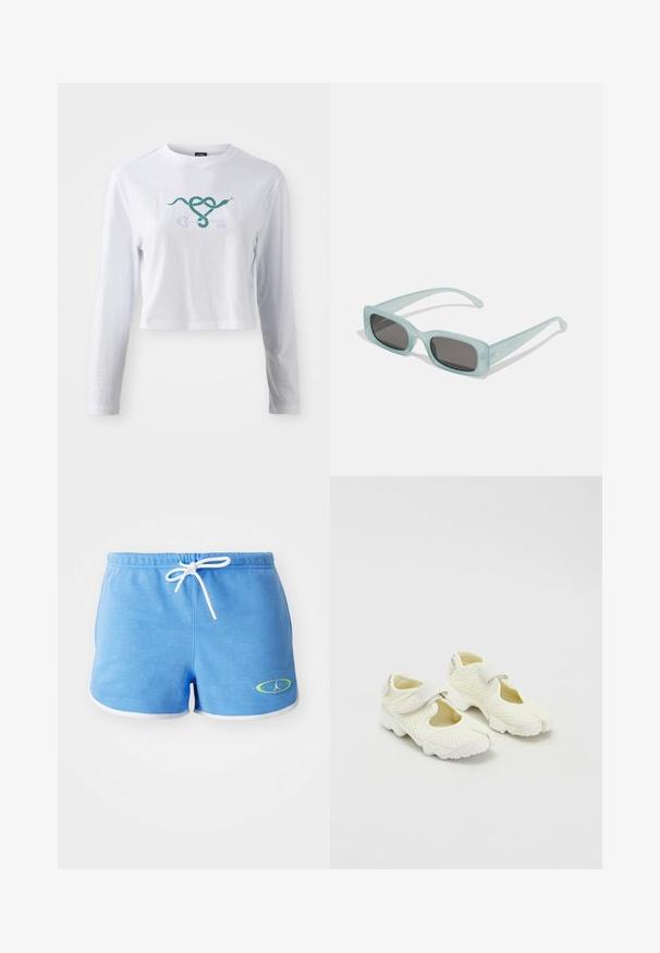 Hvid langærmet cropped t-shirt i bomuld med et grønt slangemotiv, der er flettet sammen med et nøgledesign på fronten.; Lyseblå bomulds shorts med hvid snor, der har hvid kant og et logo med grøn akcent på nederste venstre side.; Hvide net sko med et struktureret design, der har en velcro-rem og udskårne sider, tekstureret stof og en kraftig sål.; Et par rektangulære solbriller med lyseblå gennemsigtige stel og mørkegrå linser, der har lige templer og minimale hardware detaljer.
