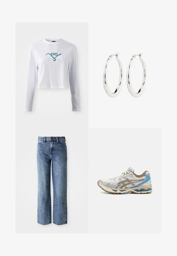 Biely crop top s dlhým rukávom z bavlny, s grafickým motívom zelenej hadice previazanou s dizajnom kľúča na prednej strane.; Džíny z modrého denimu s vysokým pásom, rovnými nohavicami, prednými vreckami, pútkami na opasok a gombíkovým zapínaním.; Bielo-béžová bežecká obuv s modrými akcentmi, sieťovinovým zvrškom, polstrovanou podrážkou a šnurovaním, zobrazená z vonkajšej strany.; Strieborné kruhové náušnice s hladkým, lesklým povrchom. Obľúbený tvar, vybavené bezpečným zapínaním. Jednoduchý a elegantný dizajn.