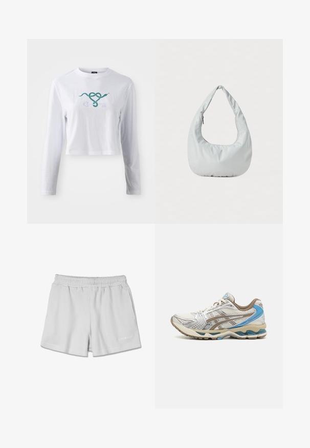 Hvid langærmet cropped t-shirt i bomuld med et grønt slangemotiv, der er flettet sammen med et nøgledesign på fronten.; Lys grå ribbede shorts med elastisk talje, der har to sidelommer og et lille hvidt logo nederst til højre.; Hvid og beige løbesko med blå accenter, netoverdel, polstret sål og snørelukning, vist fra ydersiden.; Blød, lys grå hobo-taske lavet af syntetisk materiale. Har et enkelt polstret håndtag og en lynlåslomme på siden.