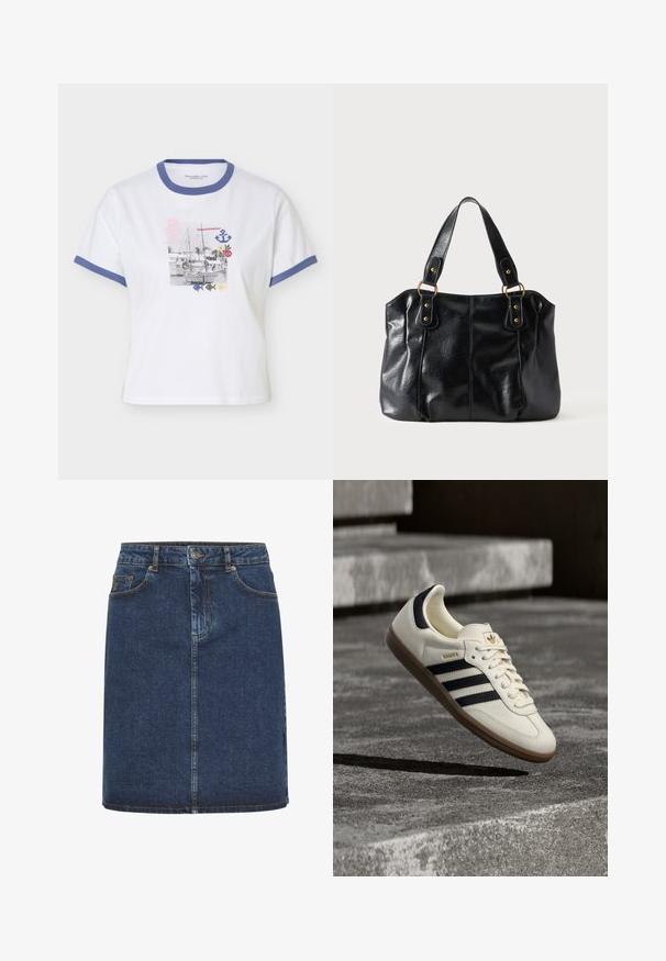 Camiseta blanca de manga corta con cuello y bordes de las mangas en azul, con un estampado de temática náutica con un velero, ancla y criaturas marinas.; Falda de mezclilla azul oscuro con corte recto, que cuenta con un cierre frontal de botones, trabillas para cinturón y dos bolsillos frontales. Textura suave y costuras visibles.; Zapatilla blanca Adidas Samba con franjas negras y suela de goma, flotando sobre escalones de hormigón gris texturizado.; Bolso de cuero negro para el hombro con doble asa unida por anillas y remaches dorados, superficie lisa y ligeramente brillante, diseño sencillo.