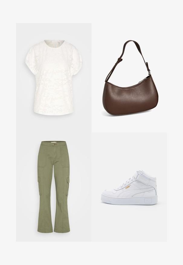 ONLY ONLELIA - Trükipildiga T-särk - cloud dancer; Abercrombie & Fitch RELAXED WAIST PANT - Kargopüksid - dusty olive; Valged kõrged tennisekotid, mis on valmistatud siledast nahast, lamepaelad, pehmendatud krae ja tekstureeritud kummist tallad logoga aksentidega.; Väike pruunist nahast õlakott reguleeritava rihma ja tõmblukuga, näidatud valgel taustal. Nähtavat kaubamärki ega kaunistusi pole.