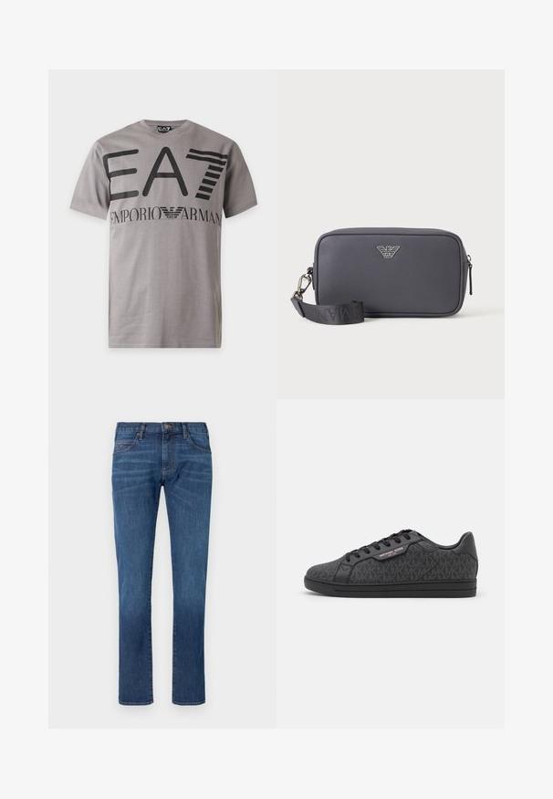 Grijs T-shirt met korte mouwen met grote zwarte "EA7" en kleinere "Emporio Armani" tekst en logo op de borst.; Blauwe spijkerbroek met rechtvallende pijpen, voorzien van een klassiek ontwerp met vijf zakken en een knoopsluiting. Subtiele vervaging over de stoftextuur.; Zwarte sneakers met een textuur bovenwerk van stof met een subtiel MK-patroon, zwarte leren accenten en een zwarte rubberen zool.; Rechthoekige donkergrijze crossbodytas met gestructureerd oppervlak, zilveren logo-embleem, ritssluiting en zwarte verstelbare riem met metalen gesp.