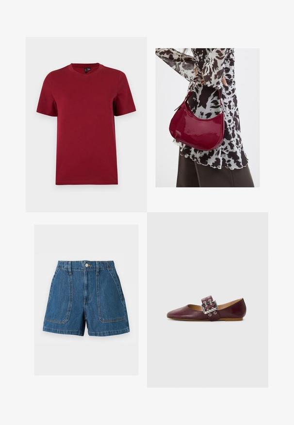 Effen donkerrode T-shirt met korte mouwen en ronde hals, plat weergegeven tegen een lichte achtergrond.; Blauwe denim shorts met hoge taille, metalen knoop aan de voorkant, taillebandlussen, zichtbare stiksels en grote opgestikte voorzakken.; Bordeaux leren balletflat met puntige neus, brede band met een zilveren gesp en meerdere gaten, platte zool, gladde textuur.; Vrouw met een zwart-wit gebloemde blouse houdt een glanzende rode schoudertas vast tegen een effen achtergrond.
