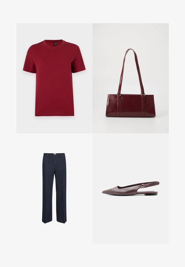 Effen donkerrode T-shirt met korte mouwen en ronde hals, plat weergegeven tegen een lichte achtergrond.; Donkerblauwe, wijde jeans met een klassieke tailleband en voorzakken, ontworpen voor een comfortabele pasvorm en veelzijdige stijl.; Bordeauxrode platte slingback schoen met puntige neus, lage hak en verstelbare band, op witte achtergrond.; Bourgondische handtas van glanzend materiaal, rechthoekige vorm, met twee schouderbanden en subtiele gebogen accenten aan de voorkant.