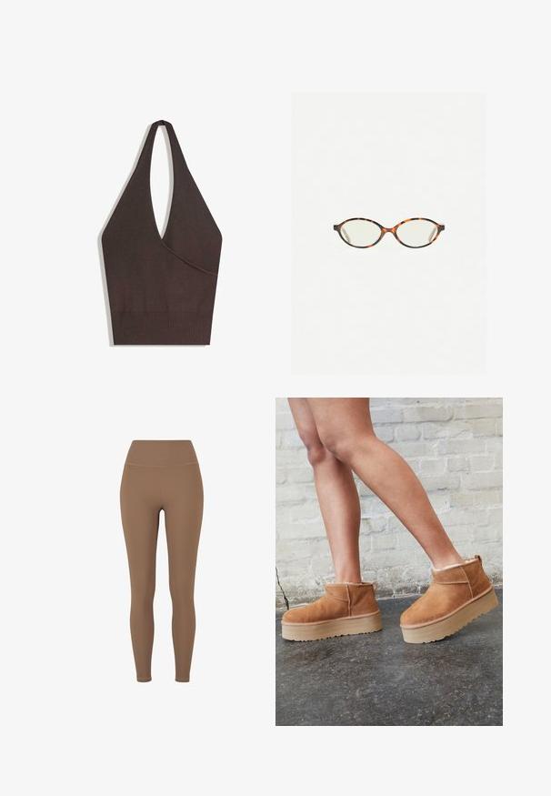 Haut marron à col licou avec un profond décolleté en V et une conception sans coutures. Il présente un ourlet côtelé pour une texture supplémentaire et une silhouette élégante et ajustée.; Leggings marron côtelés avec une taille haute. Le tissu semble extensible et lisse, avec des coutures minimales et sans motifs visibles.; Bottines en suède marron avec une doublure en peluche, semelle épaisse en beige et une poignée à l'arrière. Surface texturée avec des détails de couture visibles.; Lunettes en écaille de tortue avec des verres ovales et une finition lisse et élégante. Présente des branches fines avec une courbure subtile au niveau des tempes. Verres transparents.