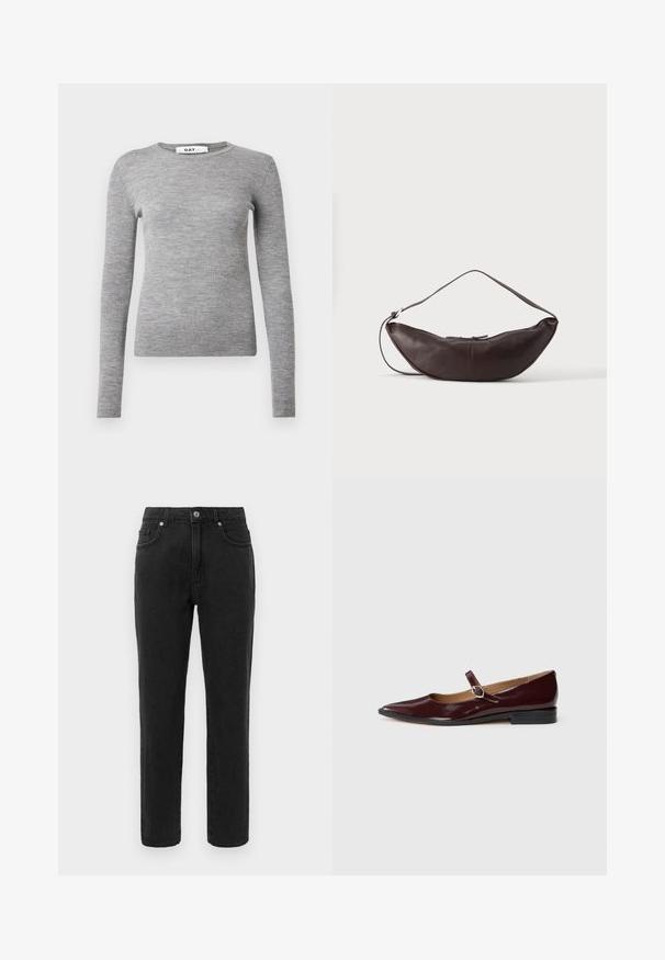 Grijze langärmed ribbeltrui met een ronde halslijn en een aansluitend ontwerp. Gemaakt van een zachte, gestructureerde stof met een smalle silhoutte.; Zwarte denim jeans met een recht beenontwerp, standaard vijf-pocket styling en een knoopsluiting. Heeft subtiele stikdetails.; Bordeaux patentleren Mary Jane ballerina's met een spitse neus, platte hak en een decoratieve band met een ronde gespaccent.; Donkerbruine leren schoudertas in halve maan vorm met een gebogen band en zichtbare stiksels op een effen achtergrond.