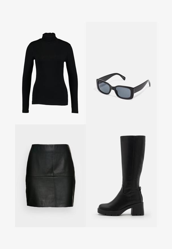 Schwarzes Langarm-Turtleneck-Top aus glattem Stoff, mit taillierter Passform und hohem Kragen, geeignet zum Layering oder als eigenständiges Kleidungsstück.; Schwarzer Leder-Minirock mit glatter Oberfläche, taillierter Silhouette und einer Nahtdetails am Bund. Keine sichtbaren Verschlüsse.; Even&Odd by Zalando Plateaustiefel - black; Schwarze rechteckige Sonnenbrille mit dunkel getönten Gläsern, dickem Kunstrahmen und breiten Bügeln. Glatte Oberfläche und kantiges Design.