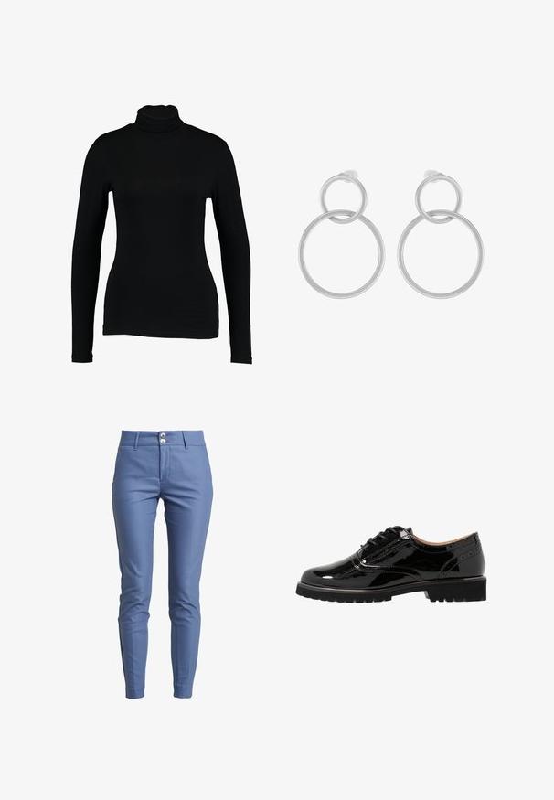 Sort langærmet turtleneck top lavet af glat stof, med et tætsiddende design og høj hals, velegnet til lag-på-lag brug eller som en selvstændig beklædningsgenstand.; Smal pasform bukser i lyseblå stof med en glat tekstur, der har flad front og to-buton taljedetaljer.; Lave sorte patenterede lædersko med snørebånd, rund tå, brogue-detaljer, gummisål og en struktureret finish. Akkorderet med små øjer.; Sølv metal øreringe med to sammenflettede cirkler, en større og en mindre, med børstet finish og push-back låse.