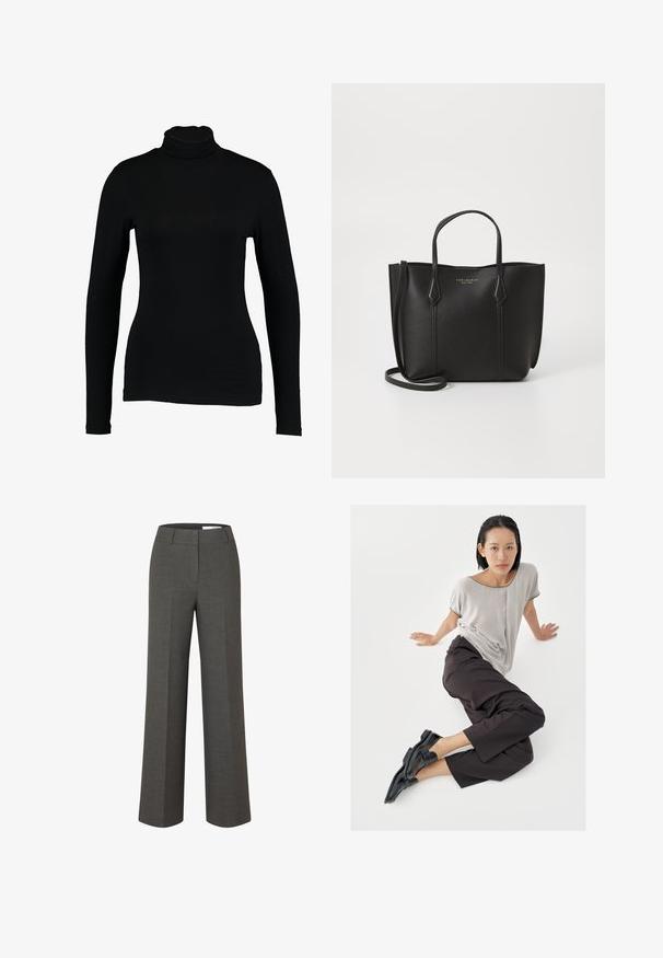 Sort langærmet turtleneck top lavet af glat stof, med et tætsiddende design og høj hals, velegnet til lag-på-lag brug eller som en selvstændig beklædningsgenstand.; Mørkegrå skræddersyede bukser med vide ben, frontbirl og taljebånd med bæltestropper på hvid baggrund.; Lysegrå top med korte ærmer, mørke bukser med vide ben og sorte loafers. Glat stof, afslappet pasform og kontrastfarvet kant på skjorten.; Sort læder tote taske med to håndtag øverst, en aftagelig skulderrem og en struktureret overflade. Har et gyldent mærkelogo på forsiden.