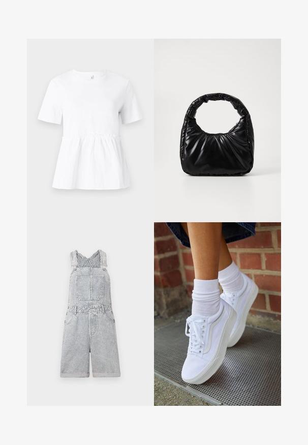 Witte t-shirt met korte mouwen en een verzamelde taille, met een relaxte pasvorm en een soepele katoenen textuur. Eenvoudige ronde halslijn.; Gestreepte denim jumpsuit met een vierkante zak, verstelbare straps en een wijde halslijn. Heeft een relaxte pasvorm met een shorts-lengte.; Witte canvas sneakers met rubberen zolen, voorzien van zes vetertjes, een ronde neus en lichte stikdetails, gecombineerd met witte enkelsokken.; Zwarte gevoerde handtas met een ronde handgreep, met een gladde, glanzende oppervlakte en een zachte, gewatteerde textuur. Geen zichtbare metalen onderdelen of accenten.