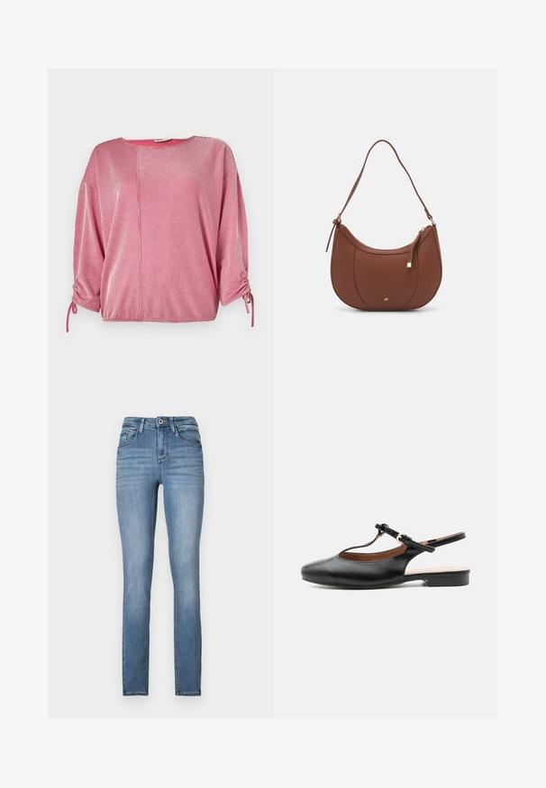 Rødt og hvidt stribet top med rund hals, trekvartærmer og elastiske samlingsdetaljer på ærmerne. Glat stoftekstur.; Lyseblå denim skinny jeans med høj talje, fem lommer, diskret slidmærker og kontrasterende syninger.; Sort læder flad slingback-sko med T-rem og guldlås på neutral baggrund.; Brun faux læder skuldertaske med buet form, minimal syning og en guldtonet hardwaredetalje. Har en top lynlåslukning og justerbar rem.