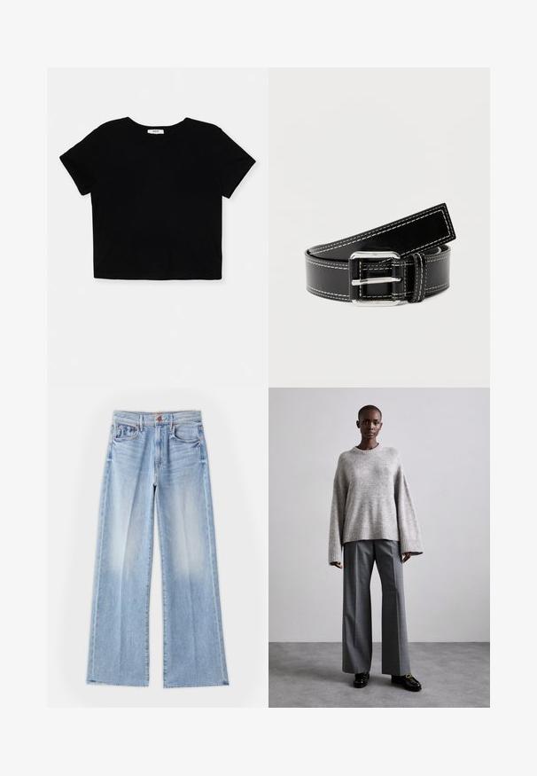 Zwart cropped T-shirt van zachte katoen, met korte mouwen, een ronde halslijn en een nette zoom zonder versieringen.; Lichtblauwe wijde jeans van denim, met een hoge taille, voorzakken en een schone zoom met subtiele vervaging.; Grijze gebreide trui met brede mouwen en geribbelde onderrand, gecombineerd met hoge grijze broeken met een subtiel ruitenpatroon en zwarte loafers.; Zwarte leren riem met witte stiksels en zilverkleurige rechthoekige gesp, opgerold op een effen lichte achtergrond.