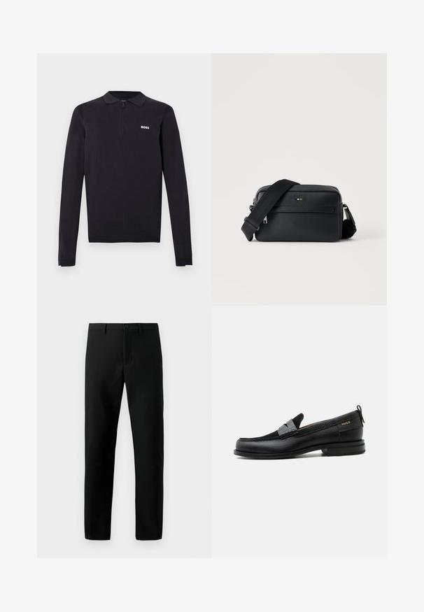 Sort langærmet polo lavet af strikket stof. Har en halvlynede krave, slim fit og en lille hvid logo på brystet.; Sorte bukser lavet af glat stof, med knaplukning, lige ben design og ingen synlige mønstre, med rene linjer.; Sort læderloafer med grå remdetalje, lav hæl og tekstureret sål, mærket med "HUGO" i guld på siden.; Sort tekstureret læder crossbody taske med front lynlåslomme og justerbar bred stofskulderrem på hvid baggrund.