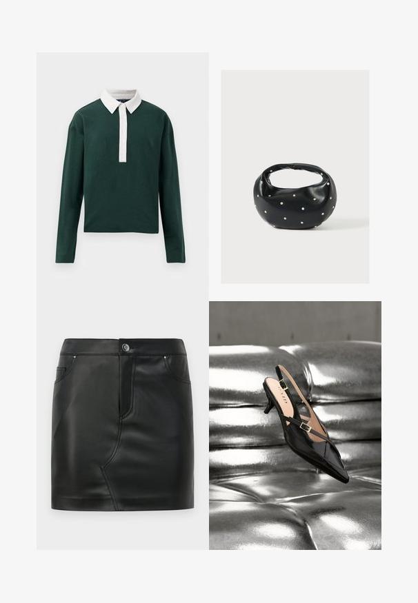 Grünes langärmeliges Polohemd mit einem weißen Kragen und Knopfleiste, aus glattem Baumwollmaterial mit einer entspannten Passform.; Schwarzer MINI ROCK aus Kunstleder mit vorderem Knopf, Reißverschluss, vorderen und hinteren Taschen sowie Nahtdetails.; Schwarzer Lackleder-Slingback-Kittenheel mit goldener Schnalle, abgestützt auf glänzender silberner, gesteppter Lederpolsterung.; Schwarze Lederhandtasche mit abgerundeter Form, verziert mit silbernen Nietenakzenten und kurzem Griff. Glatte Struktur und Reißverschlussverschluss.