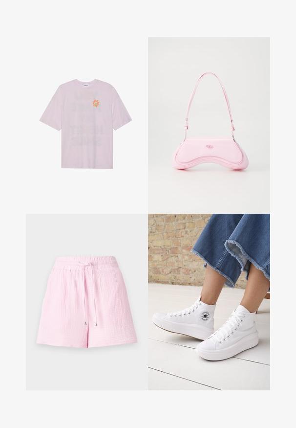 Even&Odd Camiseta estampada - lavander fog; Shorts de color rosa claro hechos de una tela texturizada. Cuentan con una cinturilla elástica con cordón y puntas plateadas, diseñados para la comodidad.; Persona que lleva zapatillas Converse altas blancas con suelas gruesas y vaqueros azules recortados con dobladillo deshilachado frente a una pared de ladrillos y suelo blanco.; Diesel Bolso de mano - quartz pink
