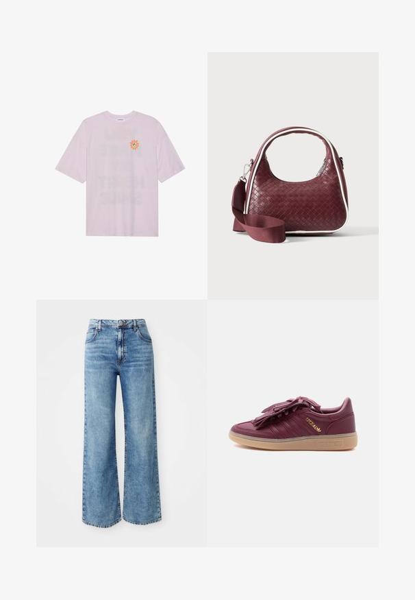 Even&Odd by Zalando T-shirt print - lavander fog; Lichtblauwe denim wijde broek met een hoge taille, voorzien van vijf zakken, sluiting met bovenste knop en contrasterende stiksels langs de naden.; Maroon Adidas Spezial sneaker met gumzool, gouden logo aan de zijkant en een franjesveterkap op een effen witte achtergrond.; Donkerrode geweven leren handtas met gebogen handvat, witte bies, zilveren rits en afneembare brede stoffen schouderriem tegen een effen achtergrond.