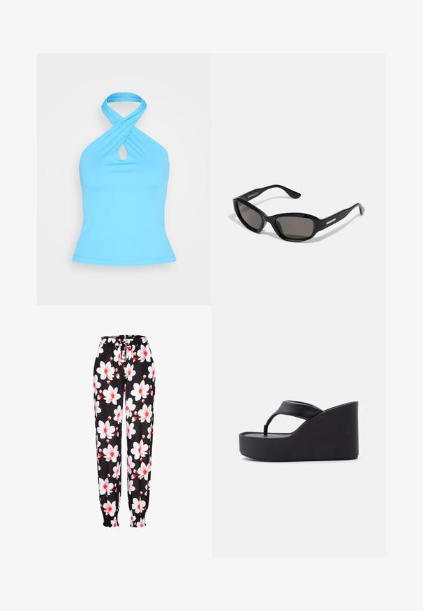Envii MICHELLE TEE - Top - swim cap; Sorte stofbukser med hvidt og rødt blomstermønster, elastisk talje med snøring og rummelige manchetter. Letvægtsmateriale.; Sort platform-kile-sandal med bred thong-rem og forhøjet sål, designet til afslappet brug.; Sorte solbriller med rektangulært stel, mørke linser, glat plastmateriale og en metalaccent på templet.