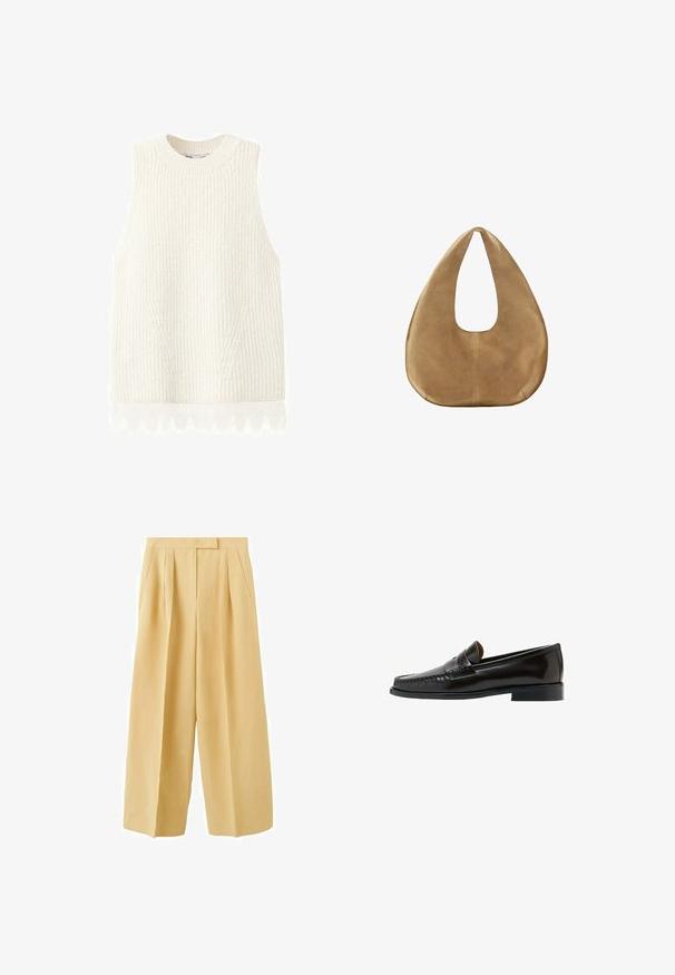 Gilet sans manches en maille blanche avec une texture côtelée et une délicate bordure en dentelle à l'ourlet.; Pantalon beige à jambes larges, taille haute, plis devant, poches latérales et fermeture avant dissimulée.; Mocassin penny en cuir noir avec talon bas et détails cousus, présenté de côté sur un fond blanc.; Sac hobo en daim couleur camel avec un corps large et arrondi et une seule anse plate, présenté sur fond blanc uni.