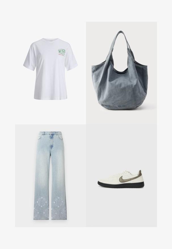 Weißes T-Shirt mit kurzen Ärmeln, auf der oberen linken Brustseite befindet sich eine kleine grüne und rote Grafik mit Sushi-Rollen sowie dem Text "SINCE 2020".; Hellblaue Jeans mit weitem Bein, Knopfverschluss und weißer Blumenstickerei am unteren Ende beider Hosenbeine.; Nike Sportswear FIELD GENERAL - Sneaker low - off-white/black; Weiche graue Wildleder-Einkaufstasche mit offenem oberen Abschluss, strukturierter Silhouette und zwei geschwungenen Griffen. Verfügt über nahtlose Nähte und eine glatte Textur.