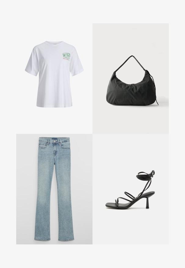 Witte T-shirt met korte mouwen, voorzien van een kleine groene en rode afbeelding met sushirollen en de tekst "SINCE 2020" op de linkerborst.; Lichtblauwe denim flared jeans met een hoge taille, voorzien van riemlussen, voorzakken en een vervaagde wassing.; Zwarte bandjes sandaal met een vierkante neus, verstelbare enkelbandjes en een slanke blokhak. Gemaakt van een glad, duurzaam materiaal.; Zwarte zachte stoffen schoudertas met één riem en licht gekreukelde textuur tegen een effen lichte achtergrond.