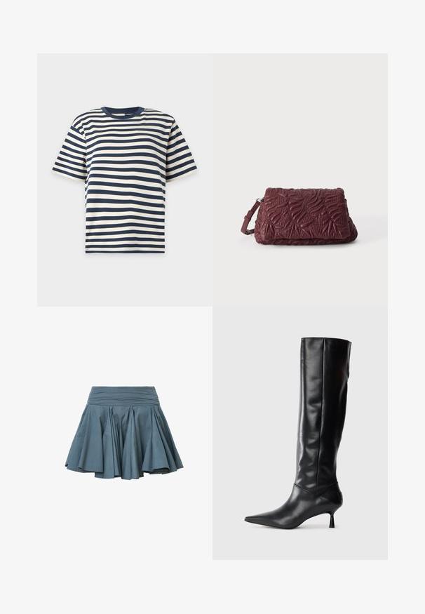 Kortærmet T-shirt med rund halsudskæring med marineblå og hvide horisontale striber på en ensfarvet baggrund.; AllSaints TULIP - A-snit nederdel - dark slate blue; Sorte læder knæhøje støvler med spids tå og slank buet hæl. Glat tekstur, tætsiddende design og ingen synlig hardware eller mønstre.; Mørkerød textured læder clutch taske med præget blad mønstre og en justerbar håndledsrem på en ensfarvet lys baggrund.