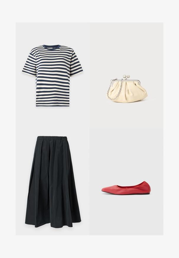 T-shirt à manches courtes et col rond avec des rayures horizontales bleu marine et blanches sur fond uni.; Pantalon noir à jambes larges plissé avec une ceinture élastique, fabriqué en tissu léger, suspendu sur un fond blanc uni.; Filippa K REY FLATS - Ballerines - bright red; Pochette en cuir beige plissé avec un cadre en métal argenté, dotée de deux fermoirs ronds décoratifs et d'une chaîne en argent.