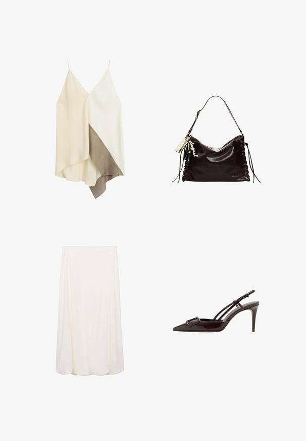 Robe asymétrique sans manches avec fines bretelles, présentant des blocs de couleurs crème, blanc et taupe ainsi que des panneaux de tissu superposés.; Jupe blanche mi-longue avec un design fluide et une texture douce. Style simple sans motifs visibles ni détails en métal.; Escarpins slingback noirs en cuir verni à bout pointu avec une boucle décorative et des fines brides de cheville.; Sac en cuir marron foncé au design souple, avec des détails lacés, une fermeture éclair et des accents de pompons décoratifs. Intérieur doublé visible.