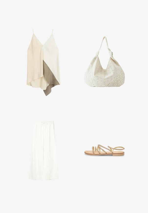 Robe asymétrique sans manches avec fines bretelles, présentant des blocs de couleurs crème, blanc et taupe ainsi que des panneaux de tissu superposés.; Pantalon blanc à jambes larges avec taille élastique et cordon de serrage, en tissu léger.; Sandale plate dorée avec de multiples sangles croisées ornées de petits strass transparents. Dotée d'une semelle plate et d'un design à talon ouvert.; Sac à épaule en tissu couleur crème avec broderie florale à œillets et une seule bandoulière souple.