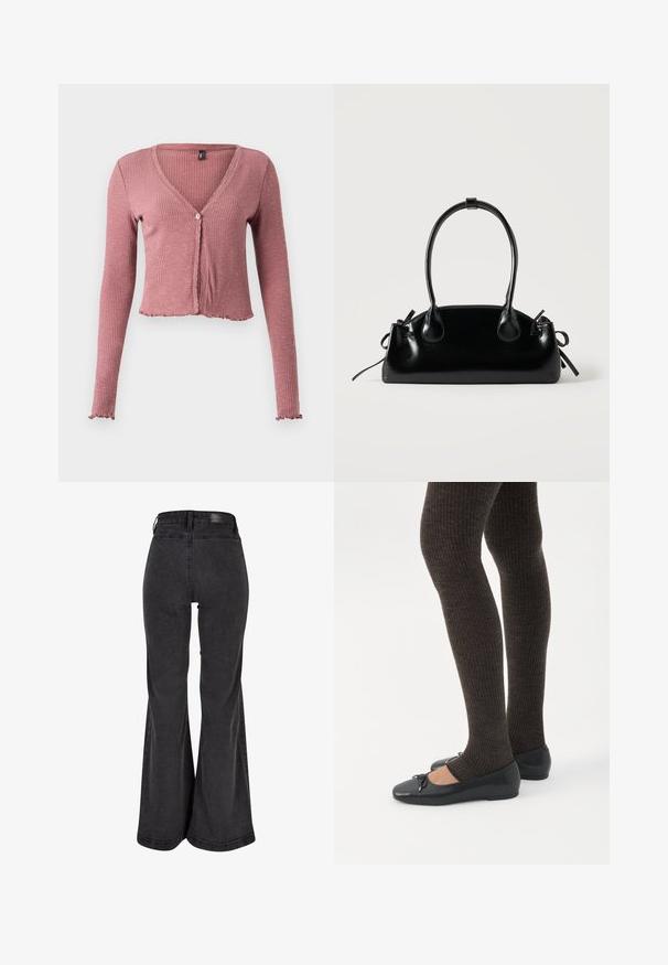 Ribstrikket, langærmet cardigan i støvet rosa med V-hals, knaplukning foran og bølget kant på ærmer og kant.; Sorte flared jeans med en glat tekstur, høj talje og et mærke på bagsiden. Har en vid bukseben design og forstærkede syninger.; Ben iført mørke ribbede leggings kombineret med sorte balletsko med små sløjfedetaljer på hvid baggrund.; Lille sort blank håndtaske med to lange håndtag og snøre-detaljer i siden på en ensfarvet lys baggrund.