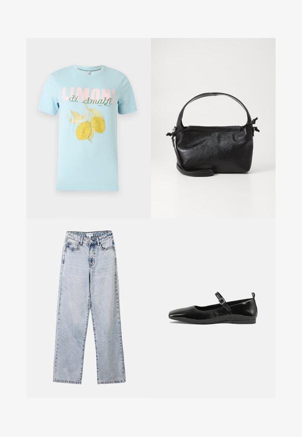 T-shirt bleu clair à manches courtes avec le texte « LIMONI di Amalfi » et deux citrons jaunes avec des feuilles vertes imprimés sur le devant.; Jean droit bleu clair en denim, doté de deux poches avant, d'une fermeture à bouton et de coutures contrastées le long des coutures.; Chaussure plate en cuir verni noir avec un bout pointu, une sangle de cheville avec boucles, et une texture lisse et brillante. Talon bas pour le confort.; Sac à main en cuir noir au design structuré, avec une poignée arrondie et une bandoulière amovible. Présente une texture lisse et un éclat subtil.
