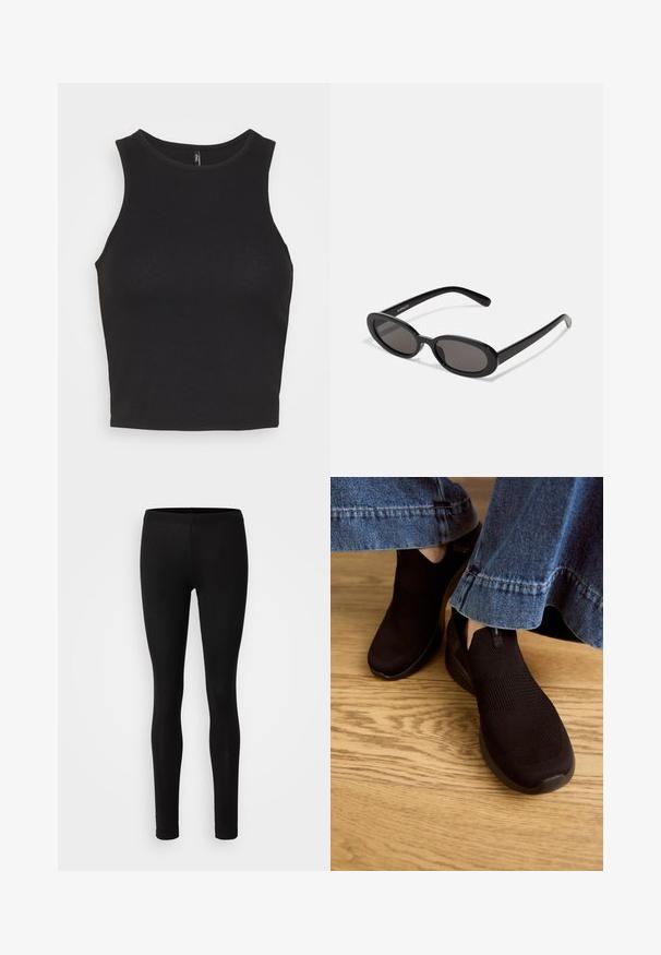 ONLY ONLMILLI - Top - black; Leggings negros hechos de una tela suave y elástica. Tienen un ajuste ceñido con una cintura elástica y una textura suave y mate.; Zapatos negros sin cordones con parte superior de punto texturizado y abertura elástica. Tienen una forma de puntera redondeada y una suela baja con amortiguación, usados con un dobladillo de mezclilla.; Even&Odd Gafas de sol - black