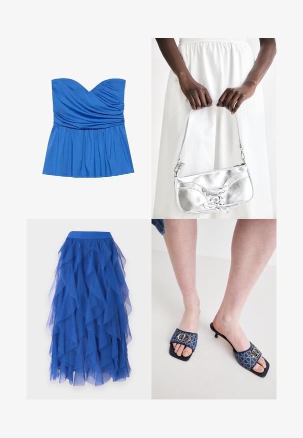 Top peplum sin tirantes de color azul, confeccionado en una tela suave, con escote corazón y detalles fruncidos en el busto y la cintura.; Falda de tul azul en capas con un diseño ondulado, que presenta una cinturilla ancha y una textura suave y transparente. Los volantes crean un aspecto voluminoso.; Mules con una parte superior de tela con un patrón azul que presenta un detalle de hebilla dorada, punta cuadrada y un pequeño tacón de kitten.; Bolso metálico plateado con detalle de cordones, que presenta un diseño elegante y una correa corta. El bolso está sostenido con las manos, mostrando su textura.
