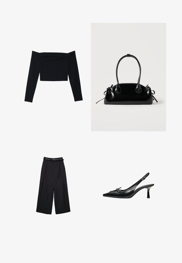 Sort off-the-shoulder langærmet top lavet af blødt stof. Kort design med en glat tekstur og sømdetaljering over brystet.; Sorte vidde bukser lavet af glat stof, med høj talje og bæltesløjfer, med plisserede detaljer foran og uden synlige mønstre.; Bershka CORSET KITTEN HEEL - SHOES - Pumps - black; Lille sort blank håndtaske med to lange håndtag og snøre-detaljer i siden på en ensfarvet lys baggrund.